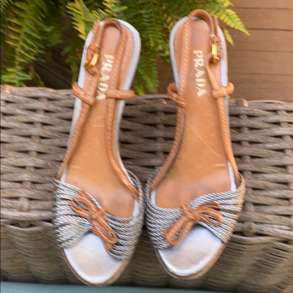 Prada!  Silver/tan leather platform heeled sandals